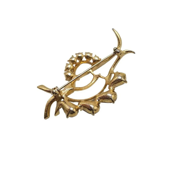 Clear Rhinestone Faux Pearl Beaded Open Leaf Brooch Pin Gold Tone Vintage - Picture 3 of 4